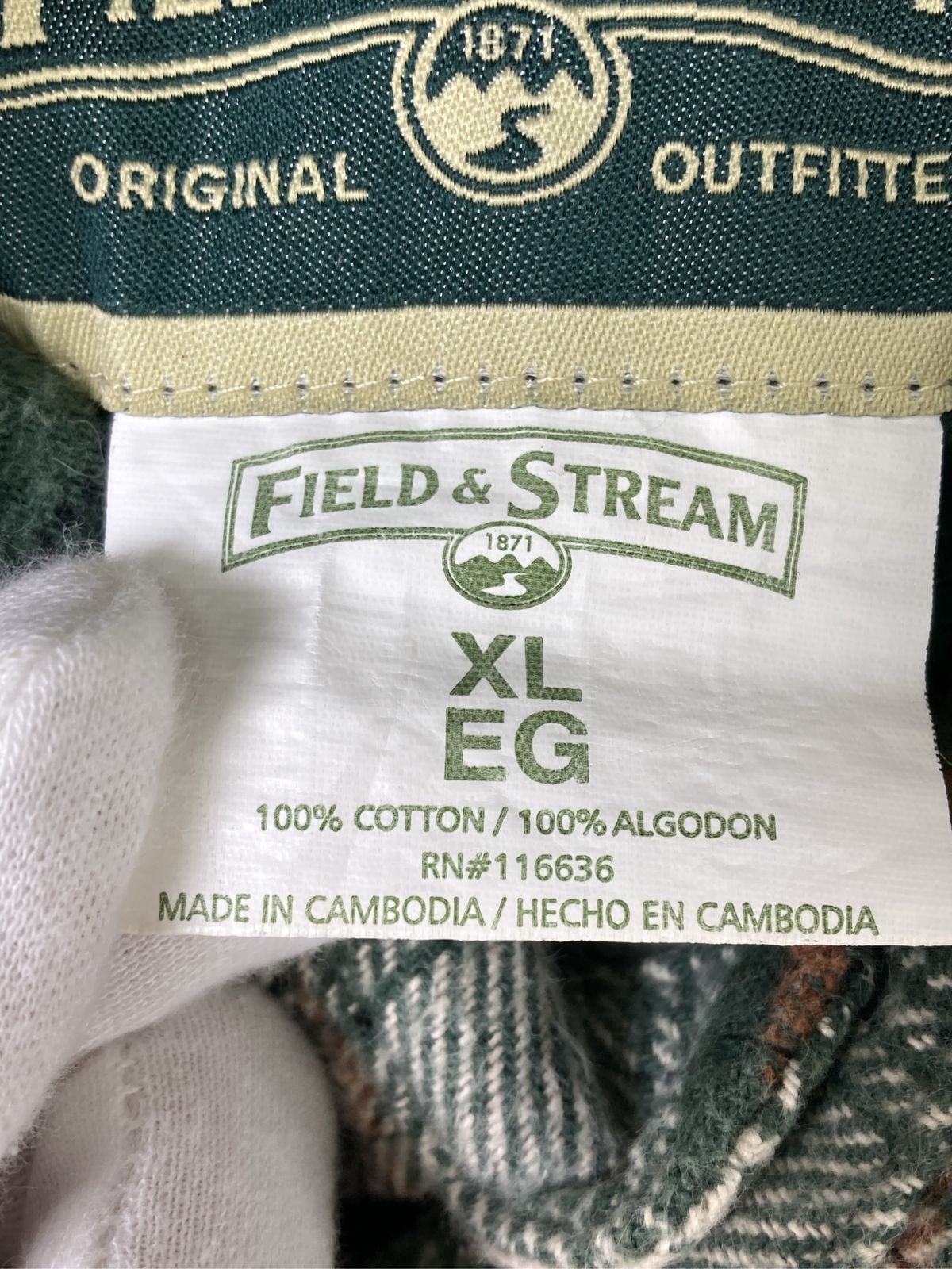 FIELDu0026STREAM フィールドアンドストリーム シャツ/ブラウス XL グリーン コットン チェック柄 ブランドロゴ ミドル丈 長袖 レギュラーカラー