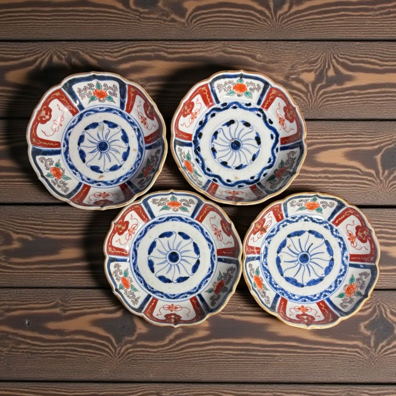 4客セット】 江戸期 古伊万里 なます皿 草花文 色絵 花形 取り皿 盛り