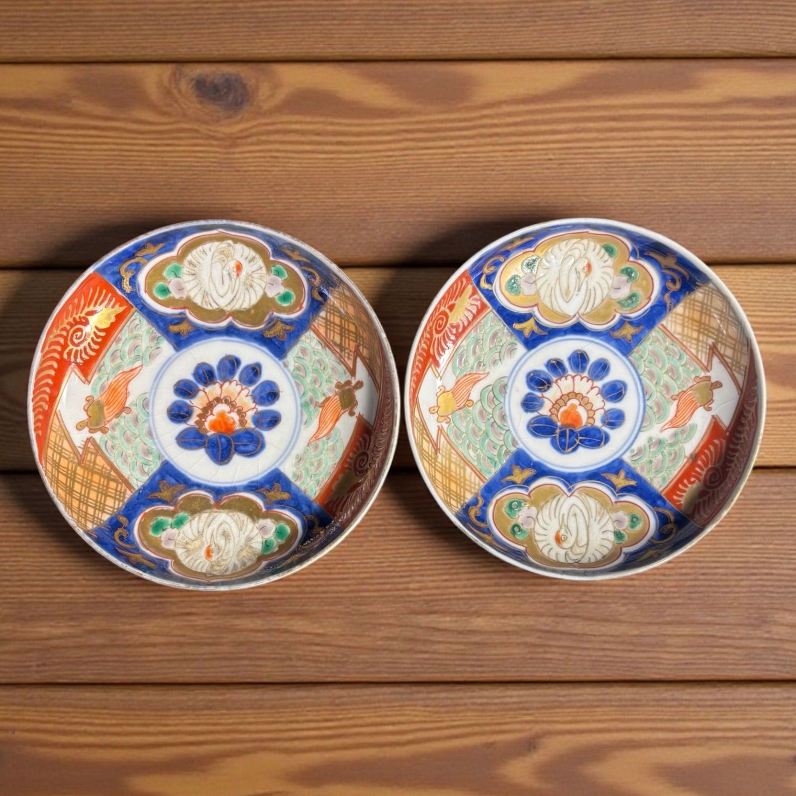 3客セット】 古伊万里 金彩 色絵 小皿 鶴亀図 江戸 丸皿 取り皿 盛り皿