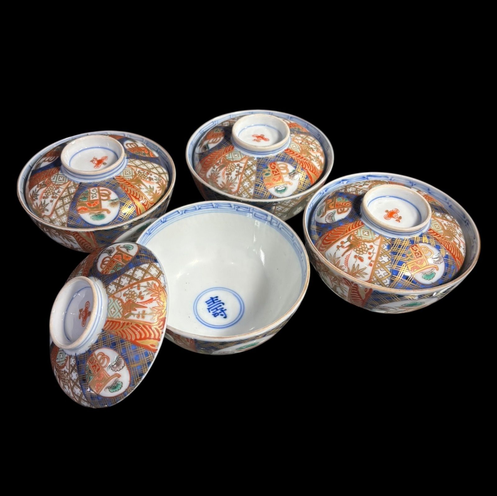 古伊万里　蓋付茶碗　アンティーク　骨董品　12点セット 4客セット】 古伊万里 蓋付き椀 壽 金彩 色絵 赤絵 蓋物 松竹梅 蓋付き