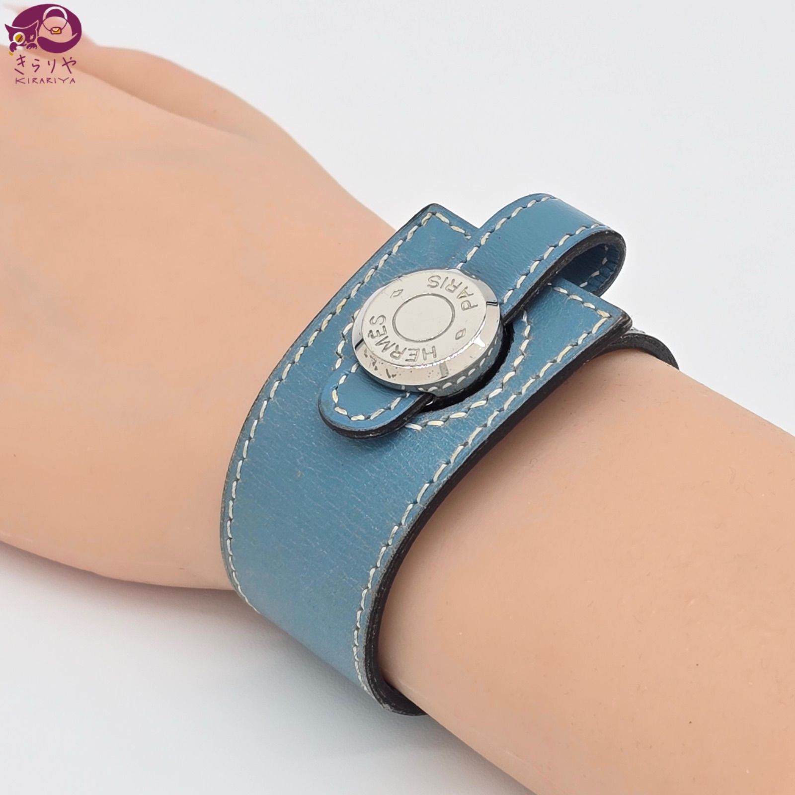 HERMES エルメス ドゴン ブレスレット バングル レザー ブルージーン