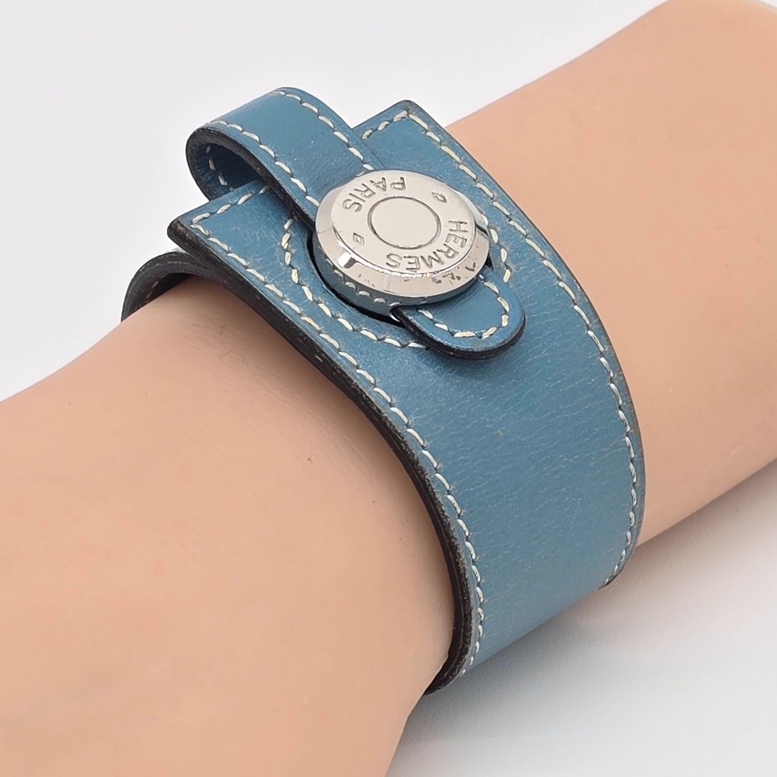 HERMES エルメス ドゴン ブレスレット バングル レザー ブルージーン