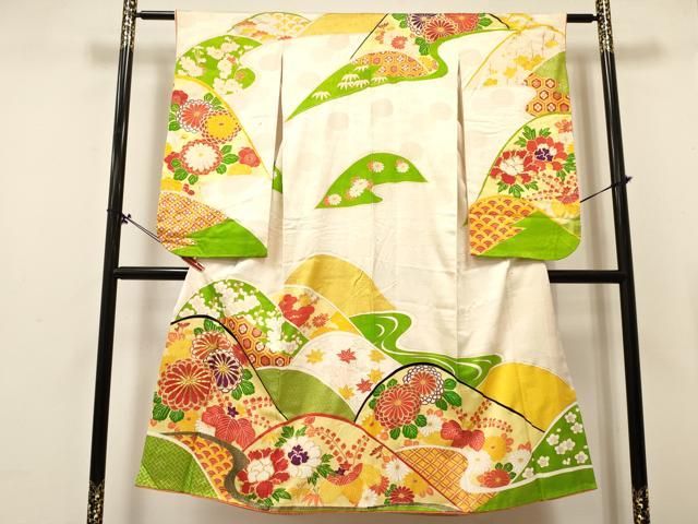 平和屋着物[]七五三 女の子 7歳 祝着 四つ身 駒刺繍 重ね山花文 金彩