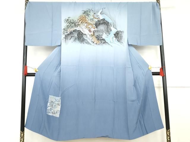 平和屋着物●男性 長襦袢 袷 手描き 立波に虎 暈し染め キングサイズ 正絹 逸品 AABF9143cs