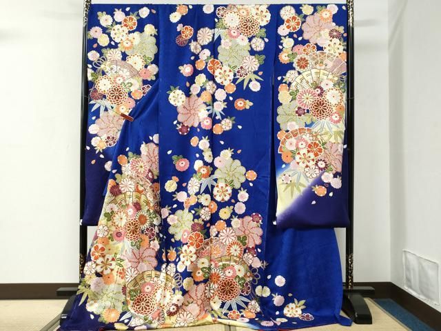 平和屋着物○豪華振袖 駒刺繍 絞り 檜扇御所車草花文 金彩 正絹