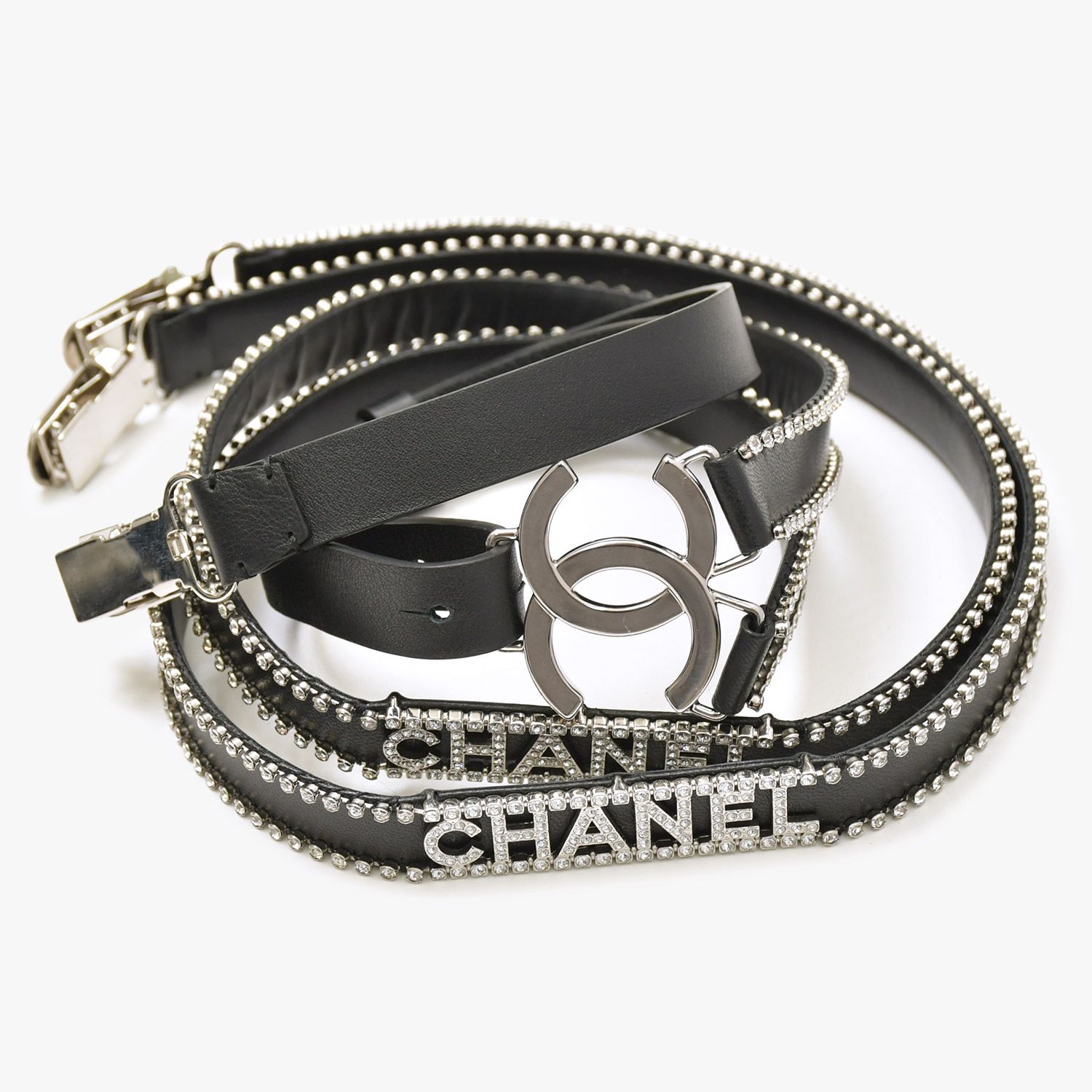 極美品 CHANEL シャネル レザーサスペンダー A23S刻印 サイズM ココマーク ラインストーン ブラック クリア シルバー 中古 4b012151