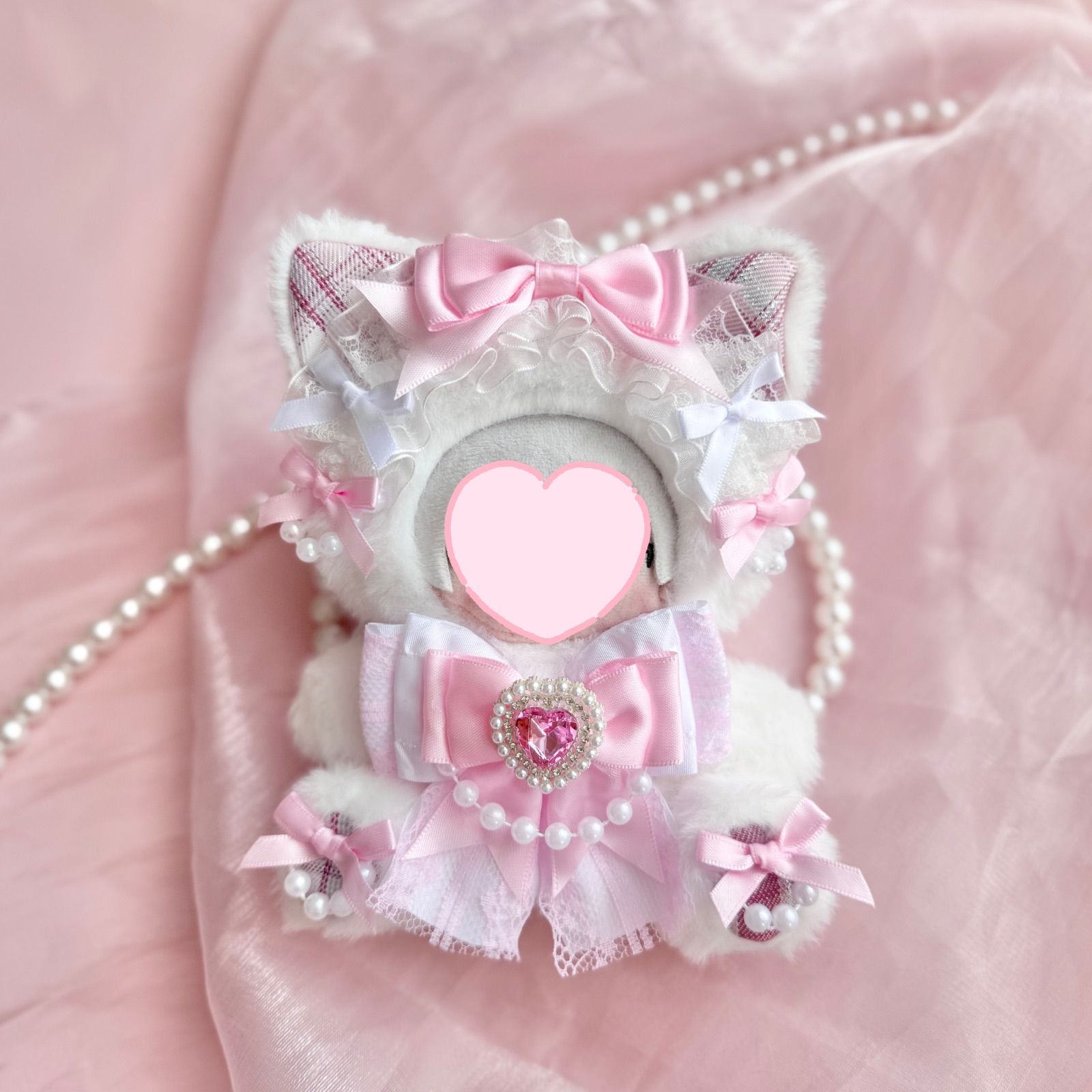 おすわりぬい服 ピンクチェックパールねこちゃん 15㎝〜16