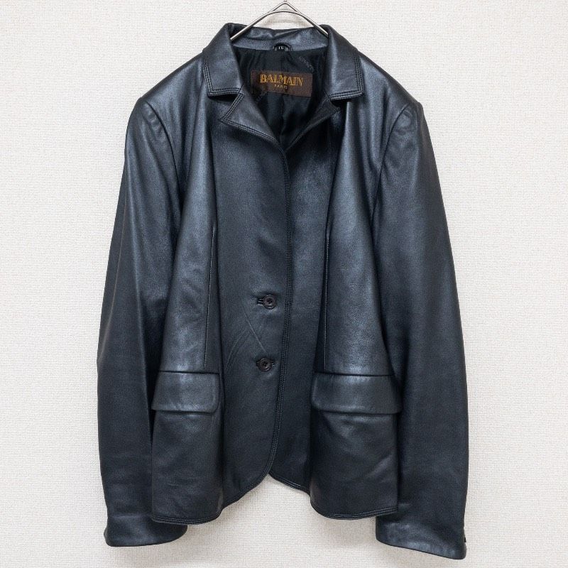 BALMAIN 羊革 テーラードジャケット ステッチ 1つボタン 黒 11号 BALMAIN バルマン レザージャケット テーラード 羊革 ラムレザー