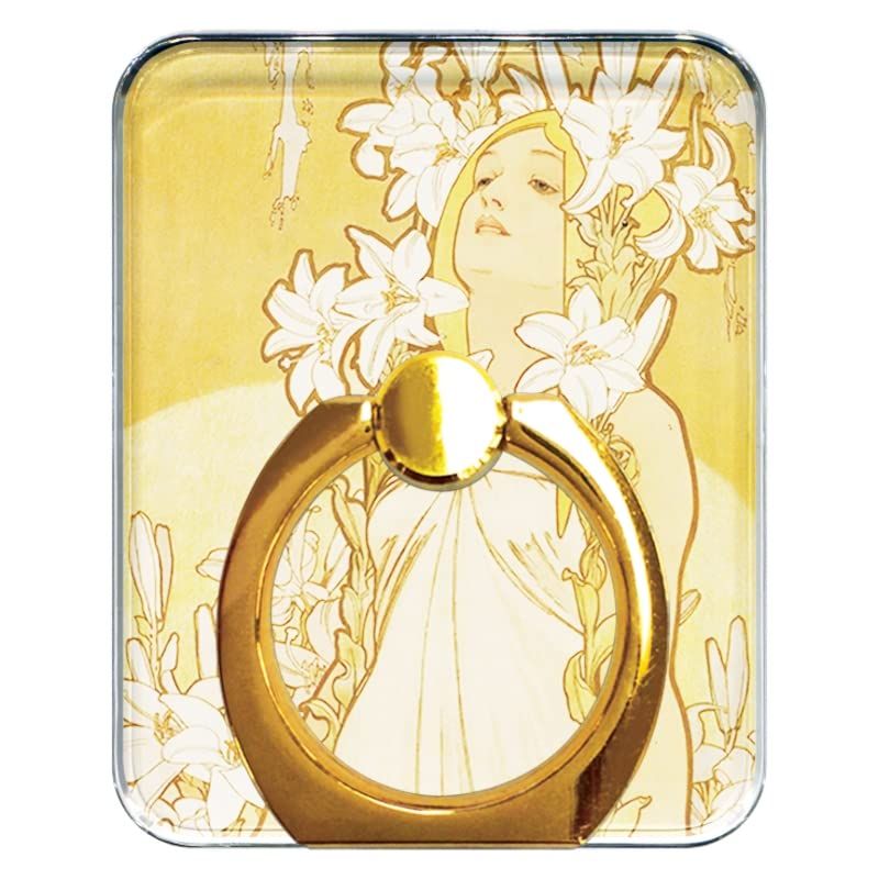 【新品】 スマホリング 絵画風『ミュシャ(四つの花－ゆり)』【android用 スタンド機能 360度回転 ゴールド】絵画 携帯 リング