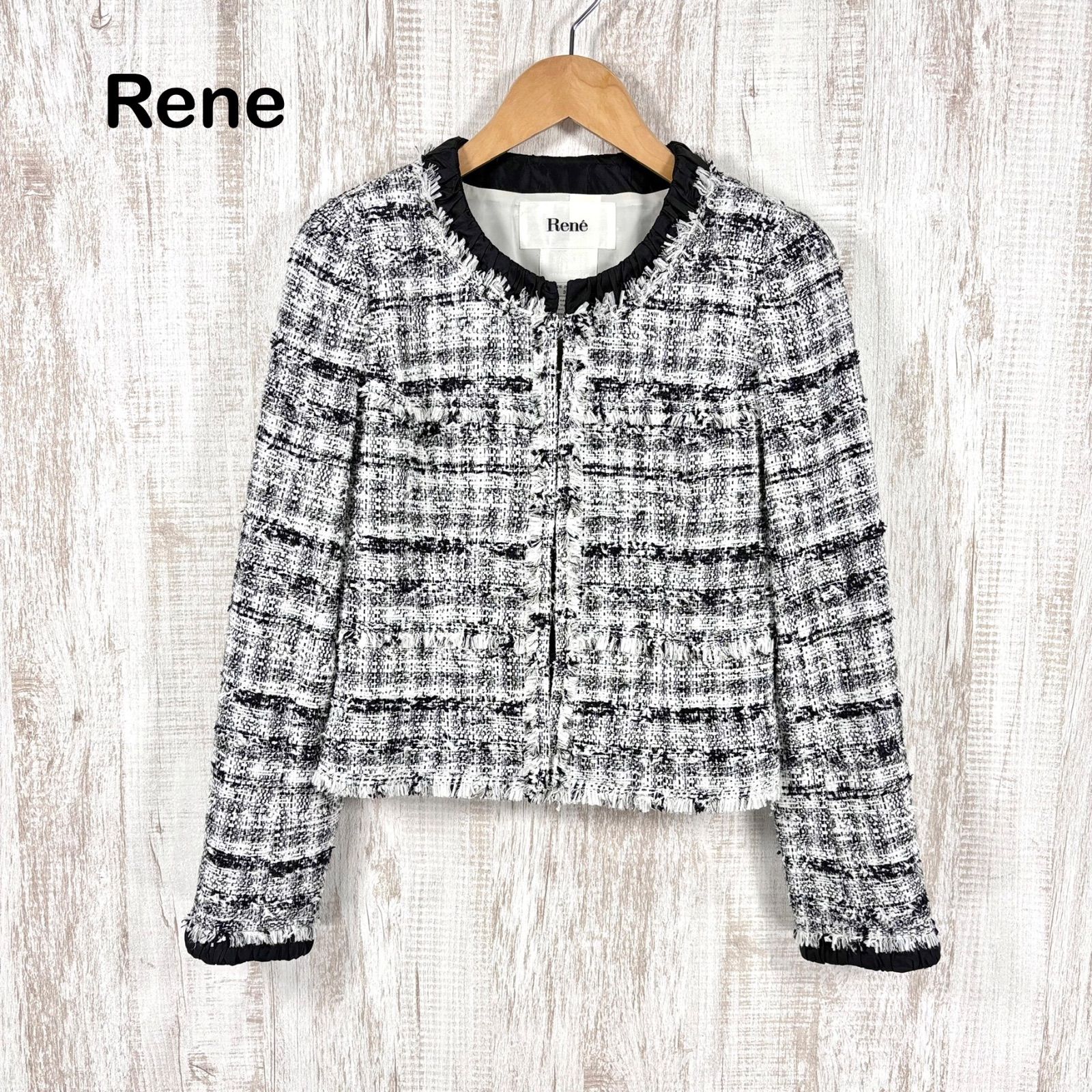 Rene ルネ TISSUE フリンジ ツイード ノーカラージャケット Rene ルネ TISSUE フリンジ ツイード ノーカラージャケット