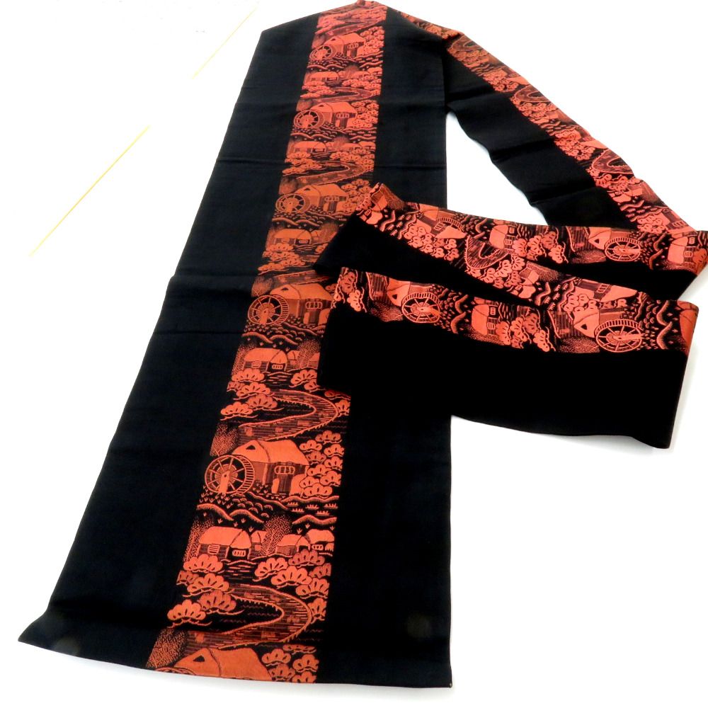 名古屋帯 アンティーク帯 昔名古屋帯 黒×オレンジピンク系 風景 昔帯