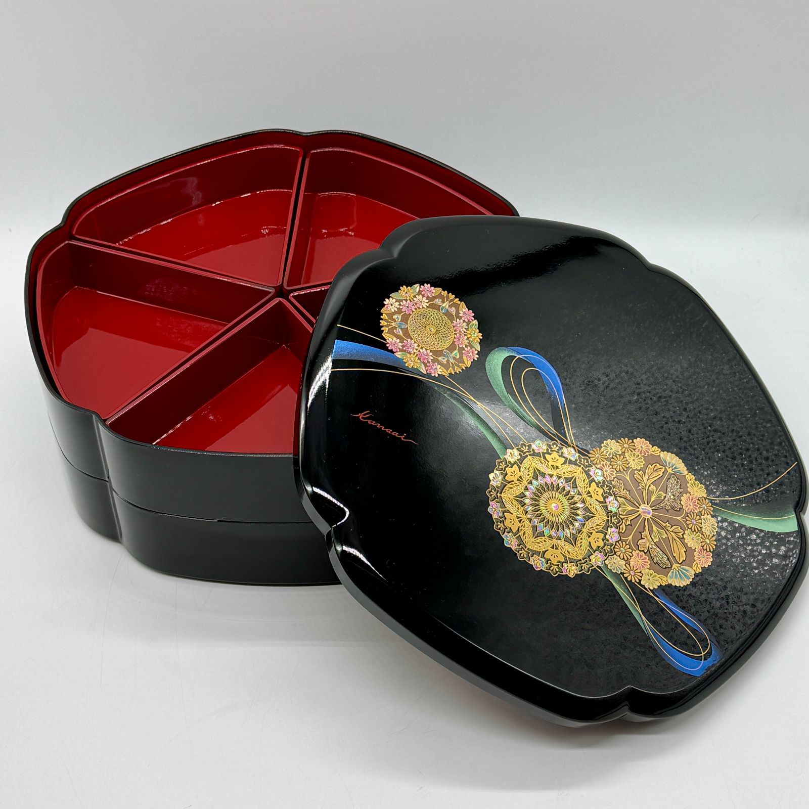 美品】山本寛斎（Kansai Yamamoto）デザイン燦花 漆器 梅型松花堂 二段