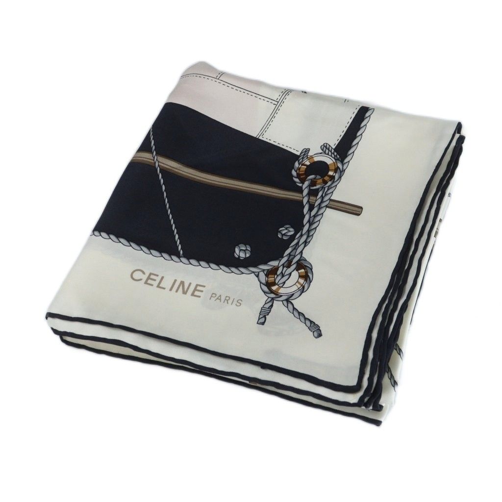 セリーヌ CELINE 大判スカーフ ストール 絹 シルク ロゴ 総柄 白