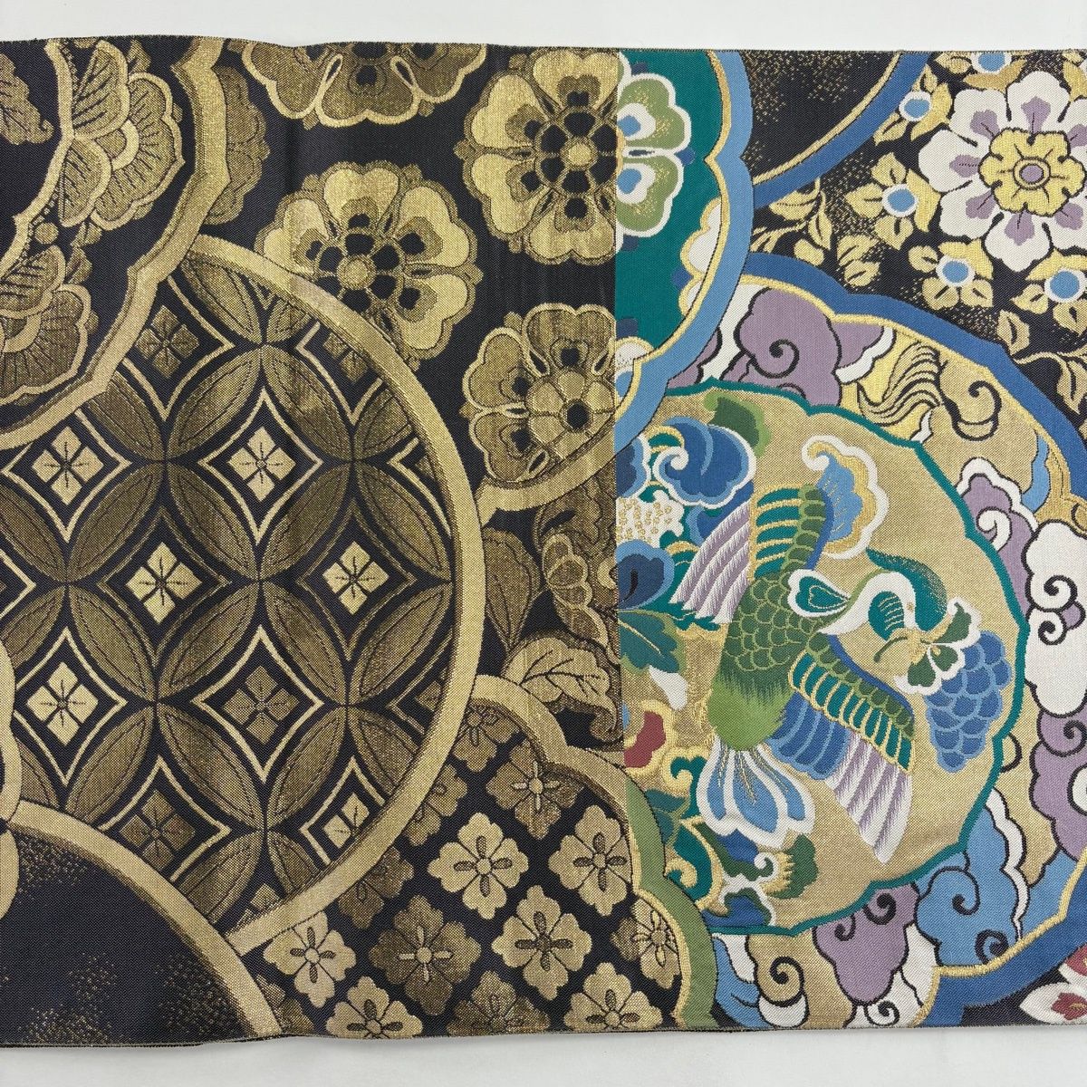 美品】 袋帯 秀品 花喰い鳥 華文 金糸 箔 灰紫 六通 正絹 【中古