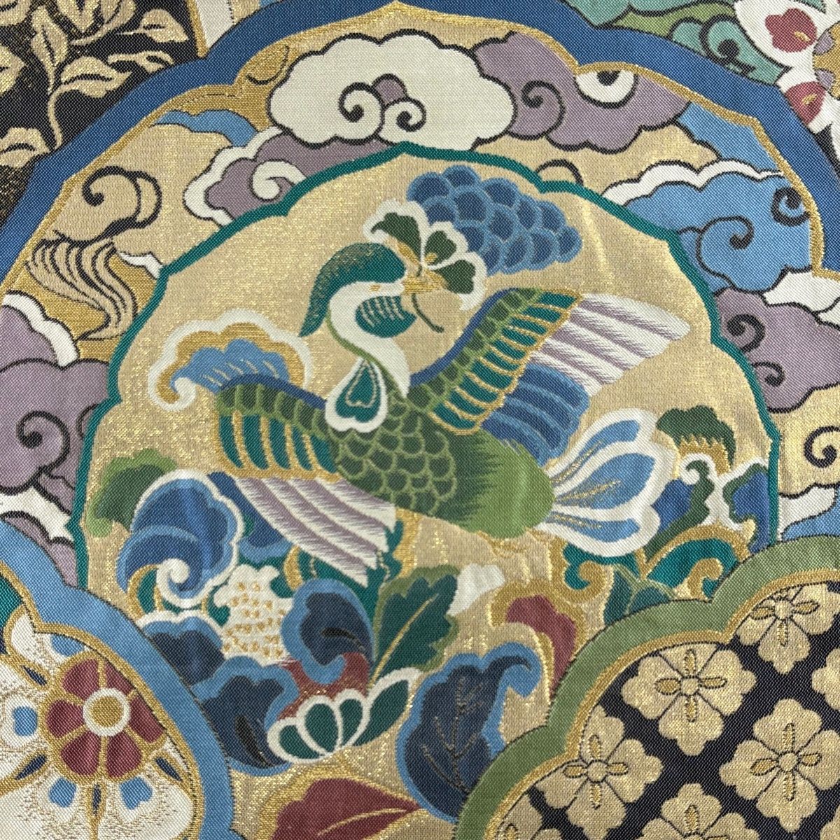 美品】 袋帯 秀品 花喰い鳥 華文 金糸 箔 灰紫 六通 正絹 【中古