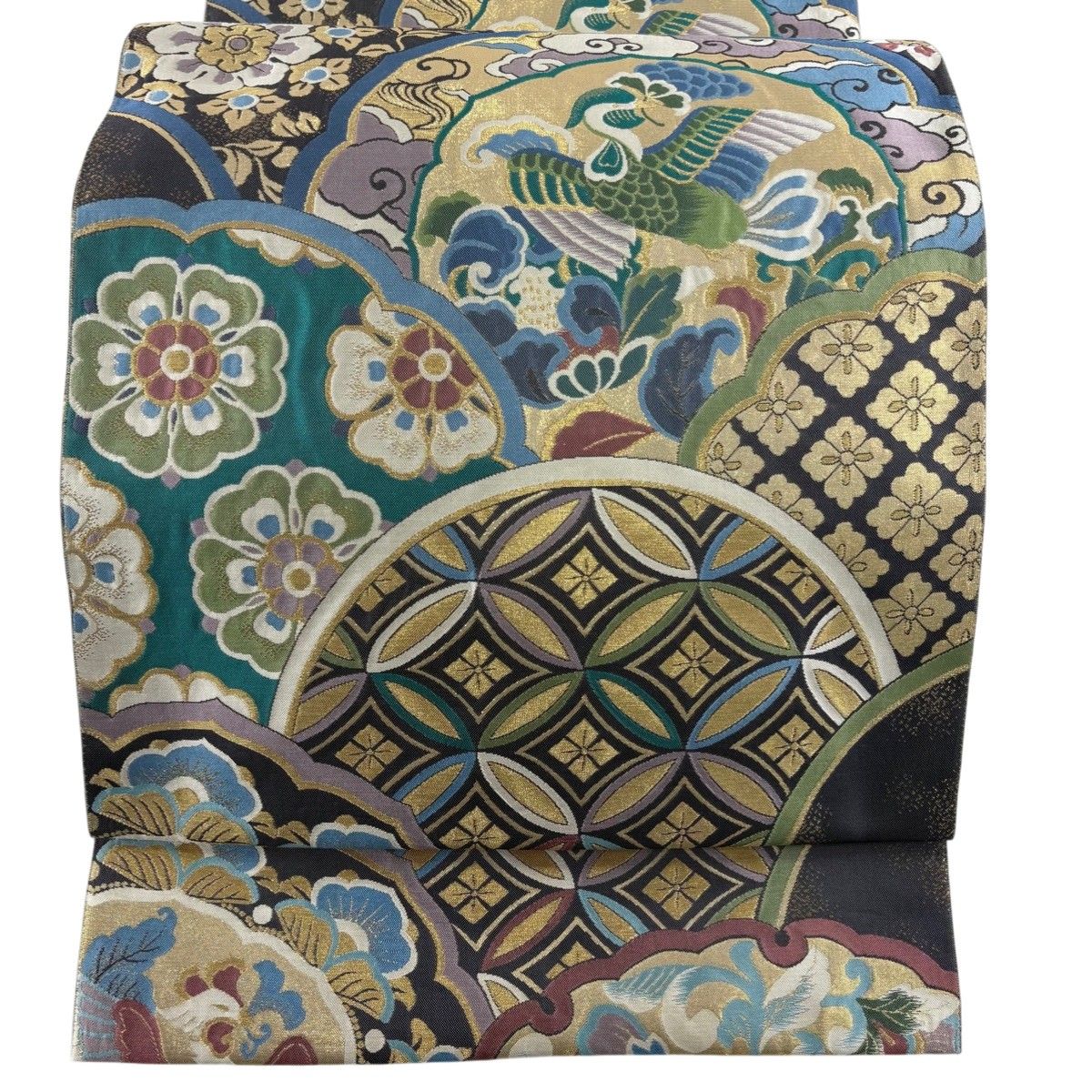 美品】 袋帯 秀品 花喰い鳥 華文 金糸 箔 灰紫 六通 正絹 【中古