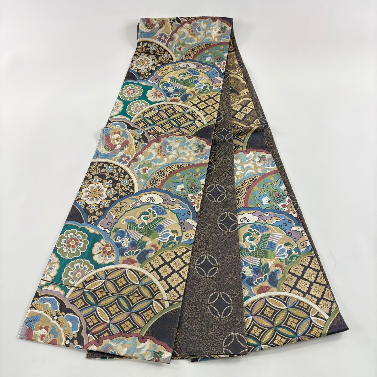 美品】 袋帯 秀品 花喰い鳥 華文 金糸 箔 灰紫 六通 正絹 【中古