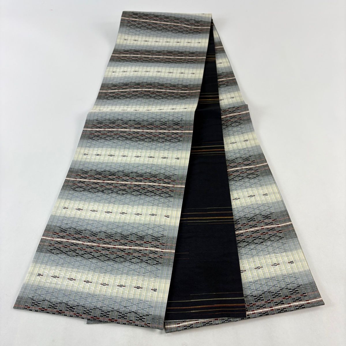 美品】 袋帯 名品 縞 幾何学 金彩 青 全通 正絹 【】 【公式通販】