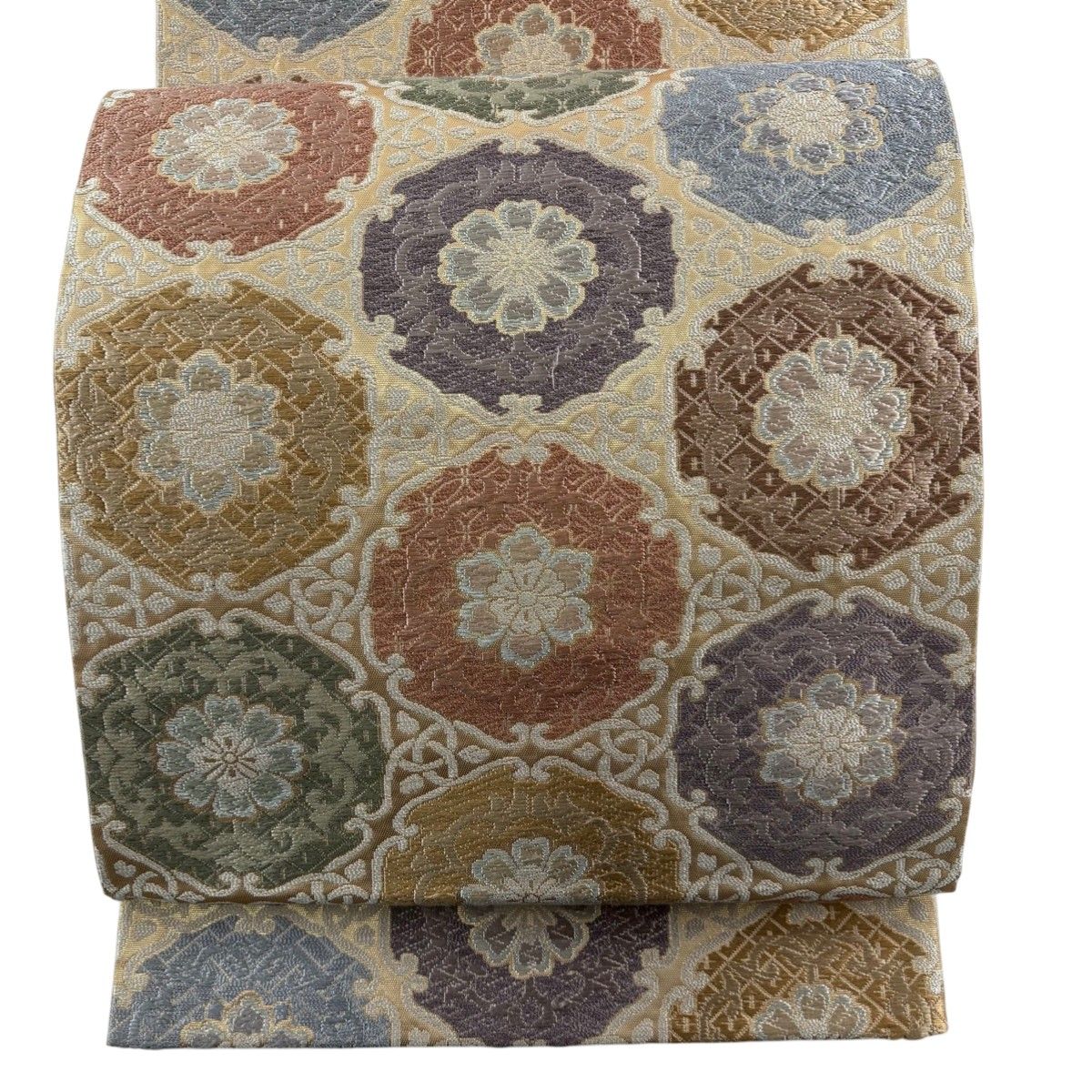 美品】 袋帯 秀品 華文 唐草 唐織 箔 ベージュ 六通 正絹 【中古