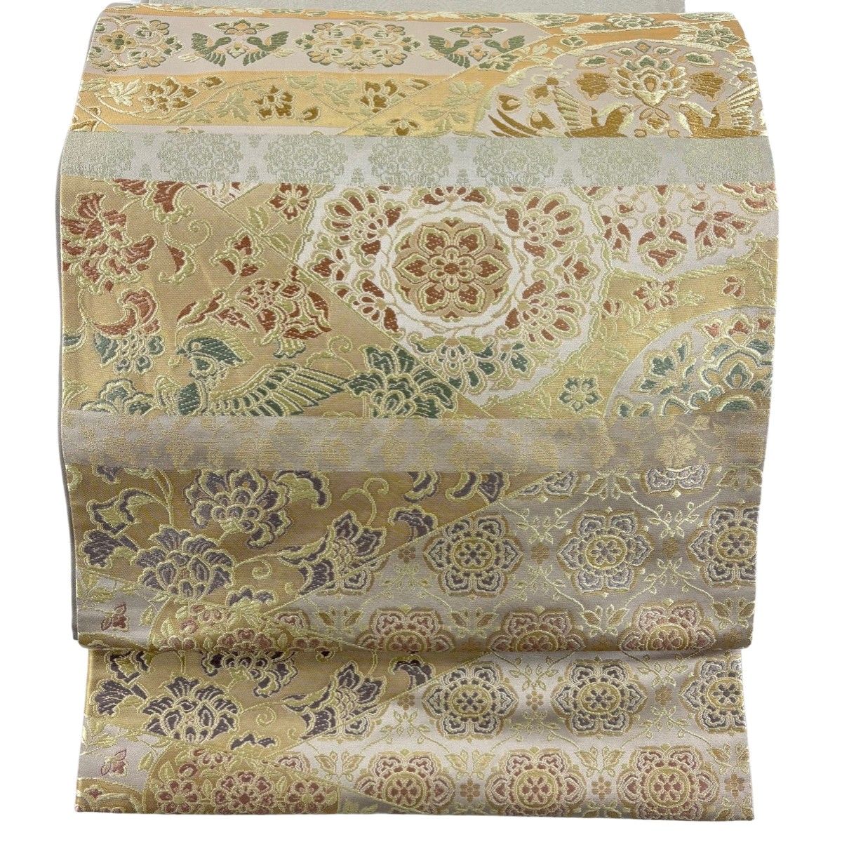 美品】 袋帯 秀品 箔屋清兵衛 落款 悠久の美 横段 花鳥 箔 ベージュ