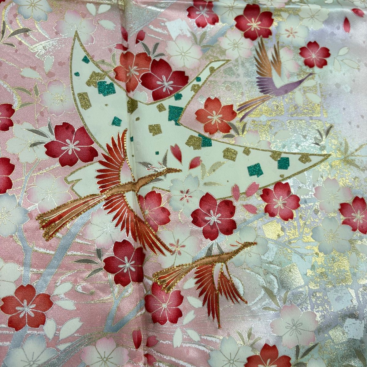 美品】 振袖 身丈158.5cm 裄丈64.5cm M 袷 鈴乃屋 鳥 桜 金糸 金銀彩