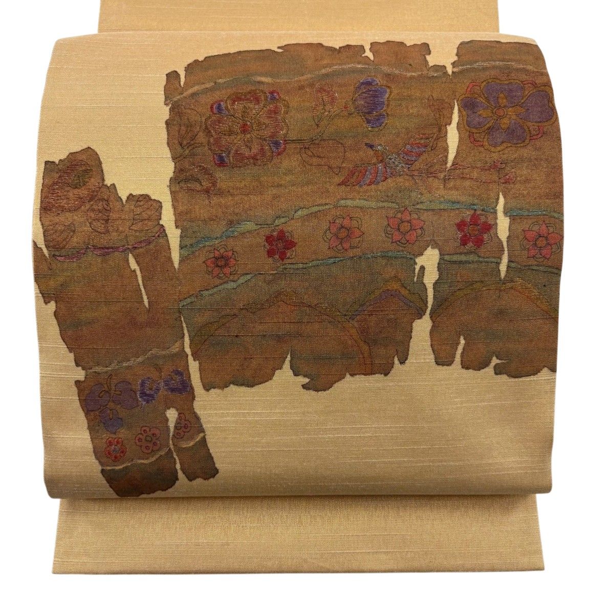 美品】 袋名古屋帯 優品 草花 鳥 金銀糸 刺繍 ベージュ 正絹 【中古