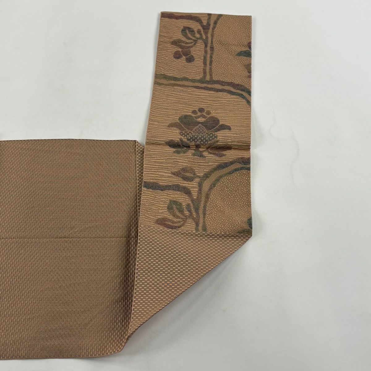 美品】 名古屋帯 優品 八寸名古屋帯 松葉仕立て 草花 薄茶色 正絹