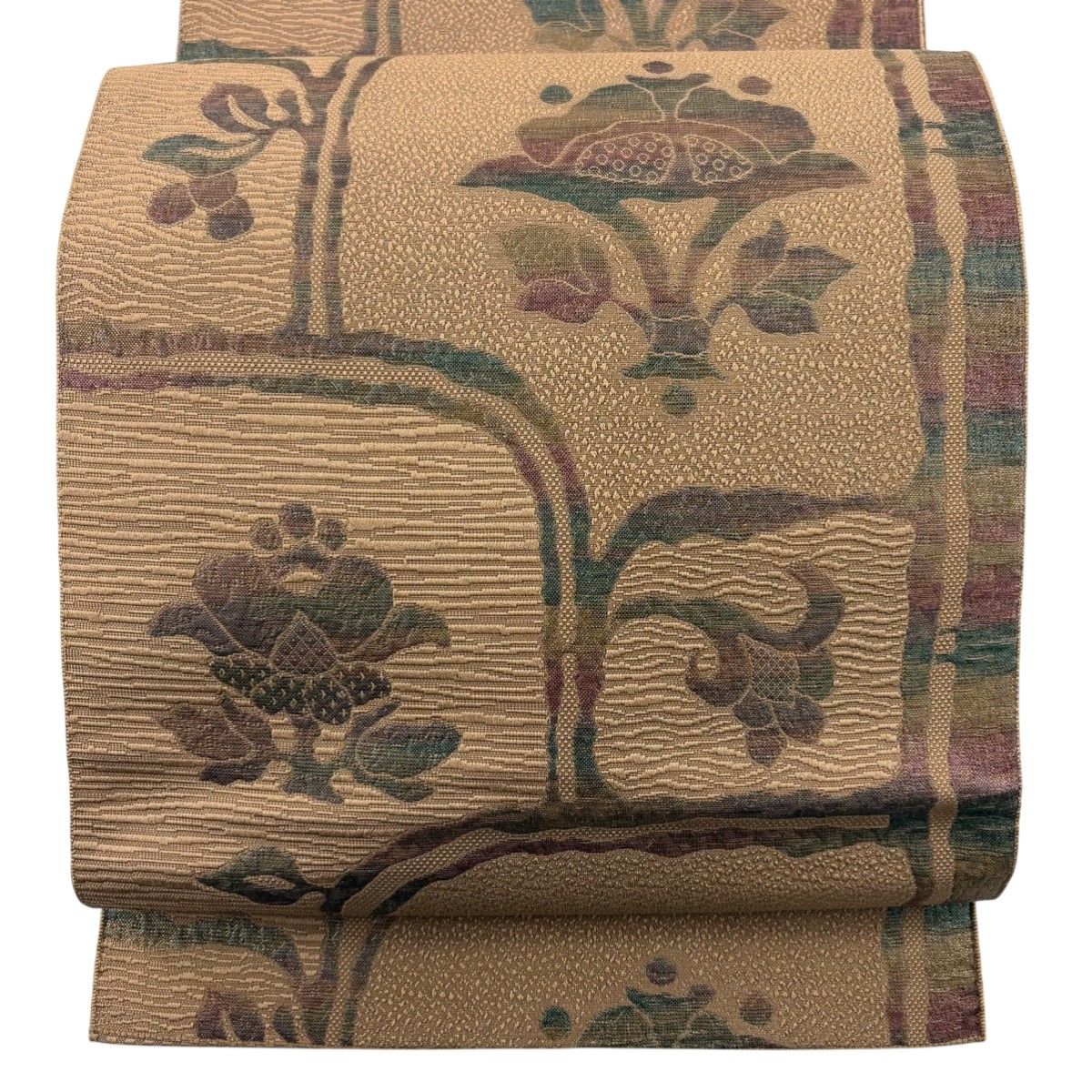 美品】 名古屋帯 優品 八寸名古屋帯 松葉仕立て 草花 薄茶色 正絹