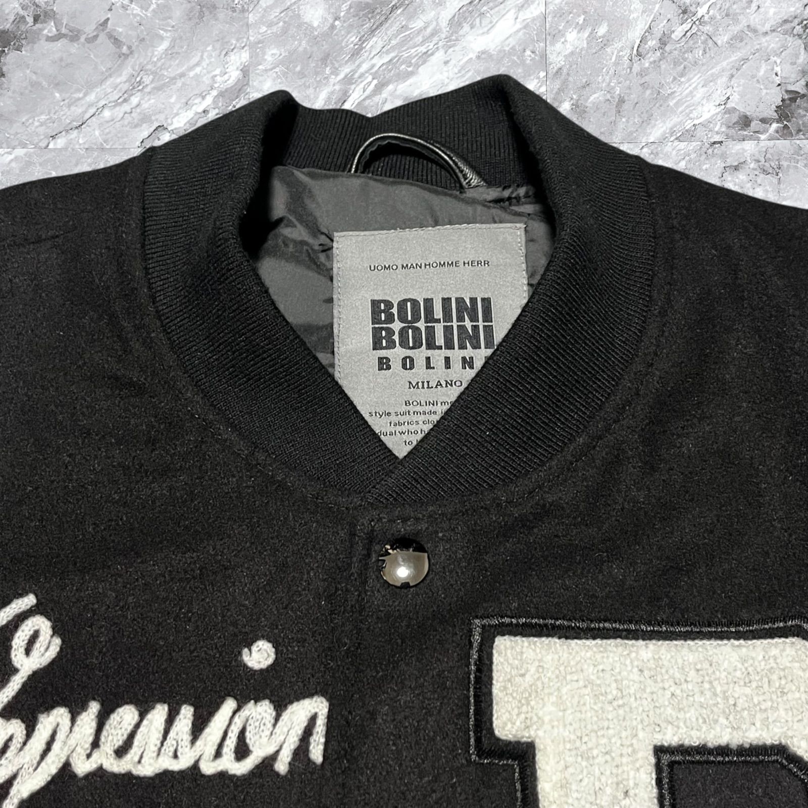 極美品 BOLINI ボリーニ スタジャン ウール レザー切り替え ワッペン 