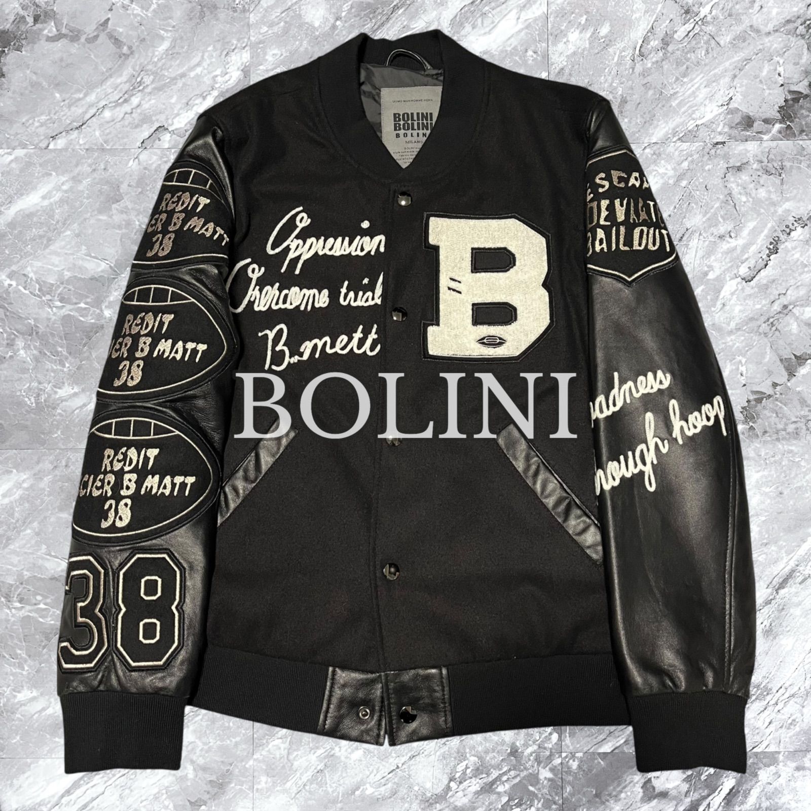 極美品 BOLINI ボリーニ スタジャン ウール レザー切り替え ワッペン 