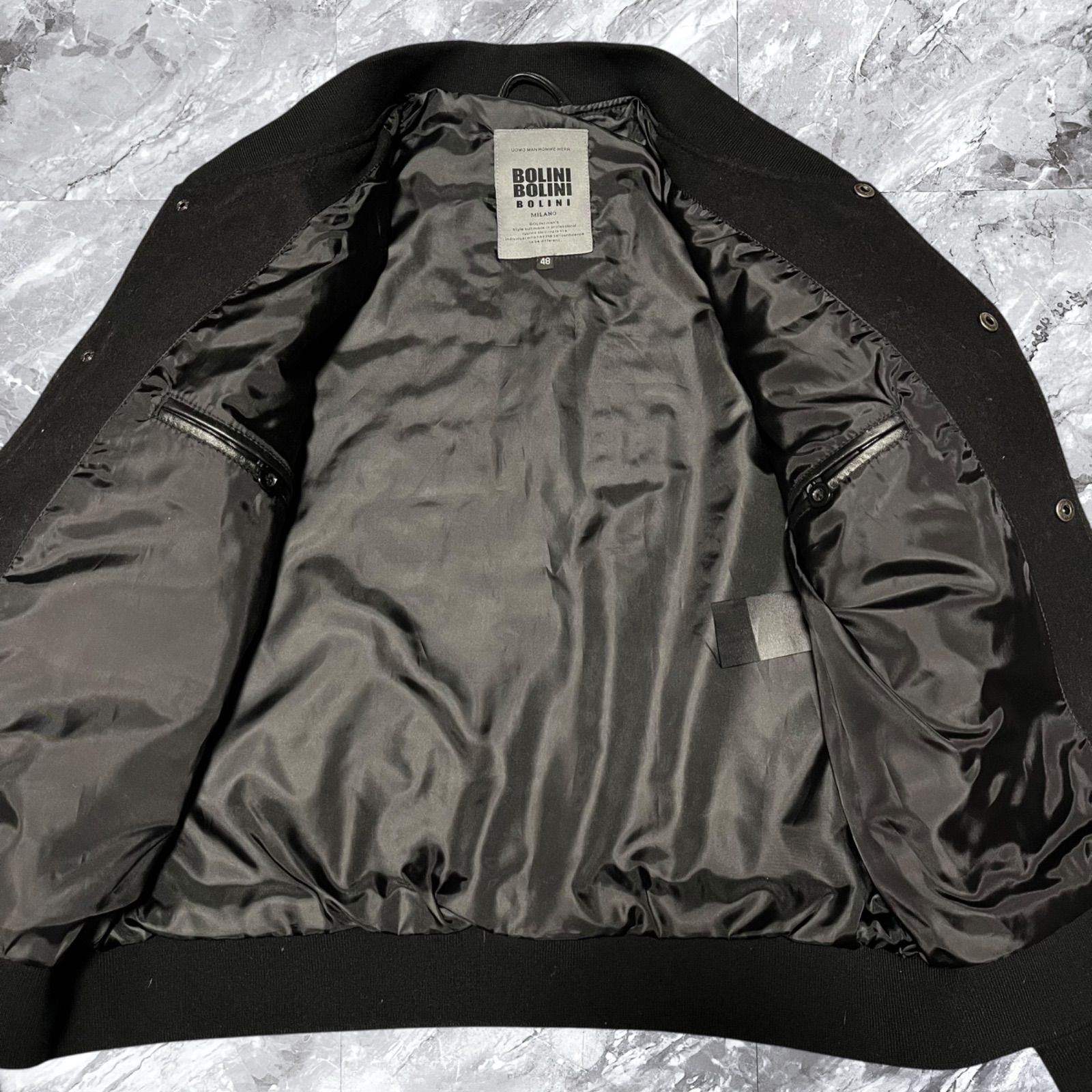 極美品 BOLINI ボリーニ スタジャン ウール レザー切り替え ワッペン 