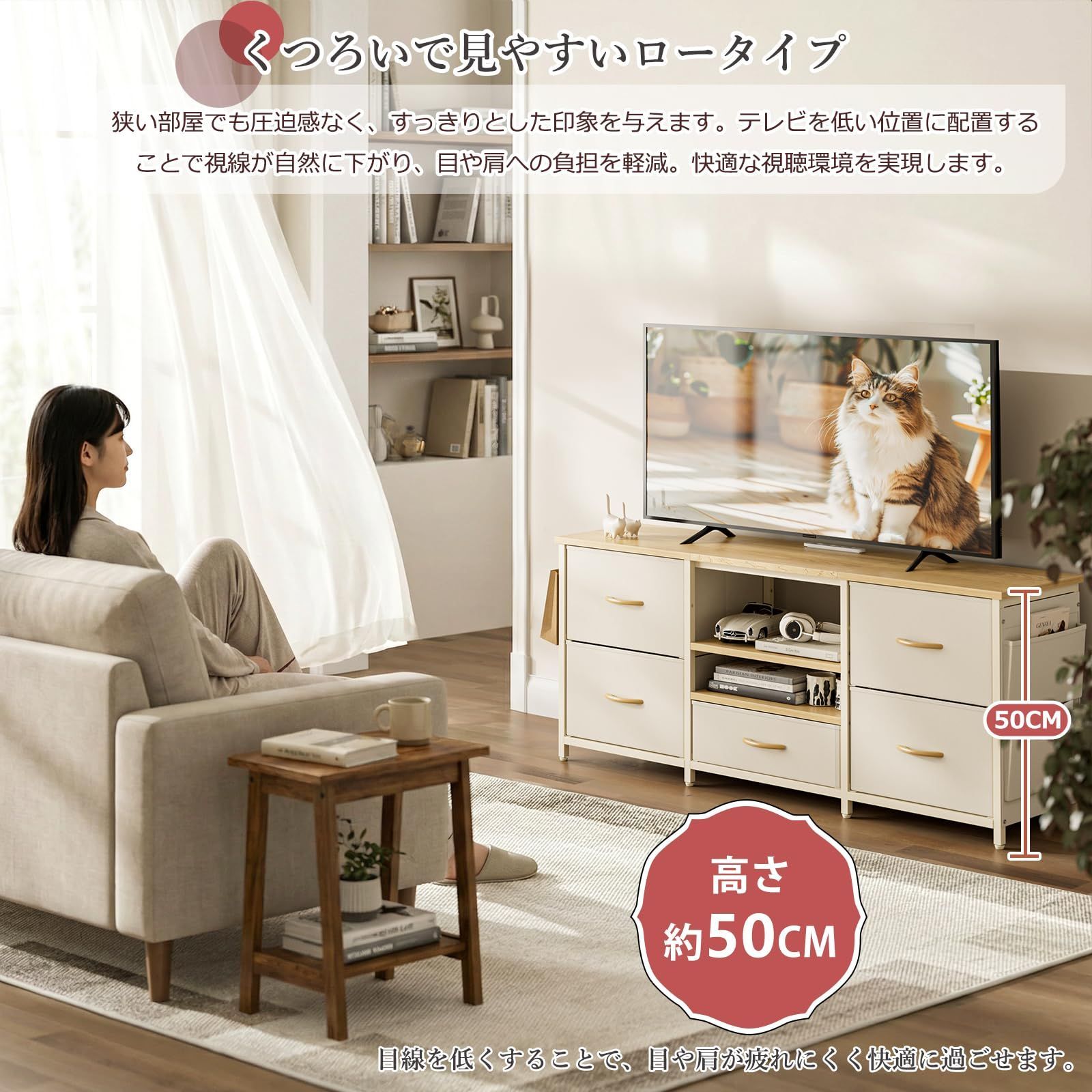 IKIFLY テレビ台 テレビボード 収納チェスト ロータイプ 棚付き