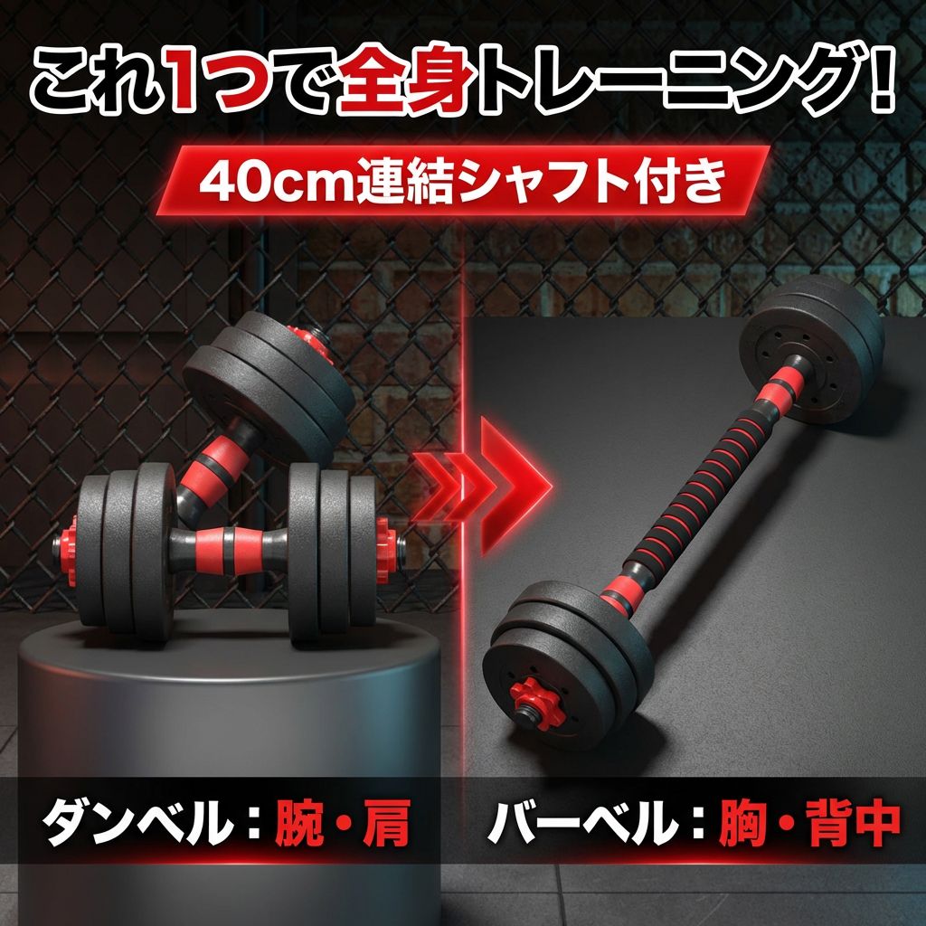 ダンベル 20kg 可変式 3way バーベル シャフト付き ワンタッチロック