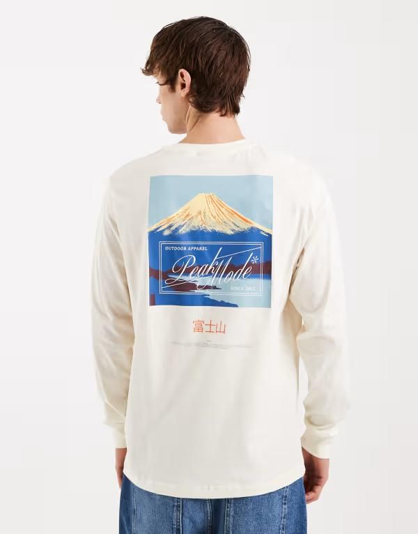 オンリーアンドサンズ メンズ トップス Tシャツ プリント ONLY SONS long sleeve tshirt with peak back and chest prints in cream Antique White ホワイト