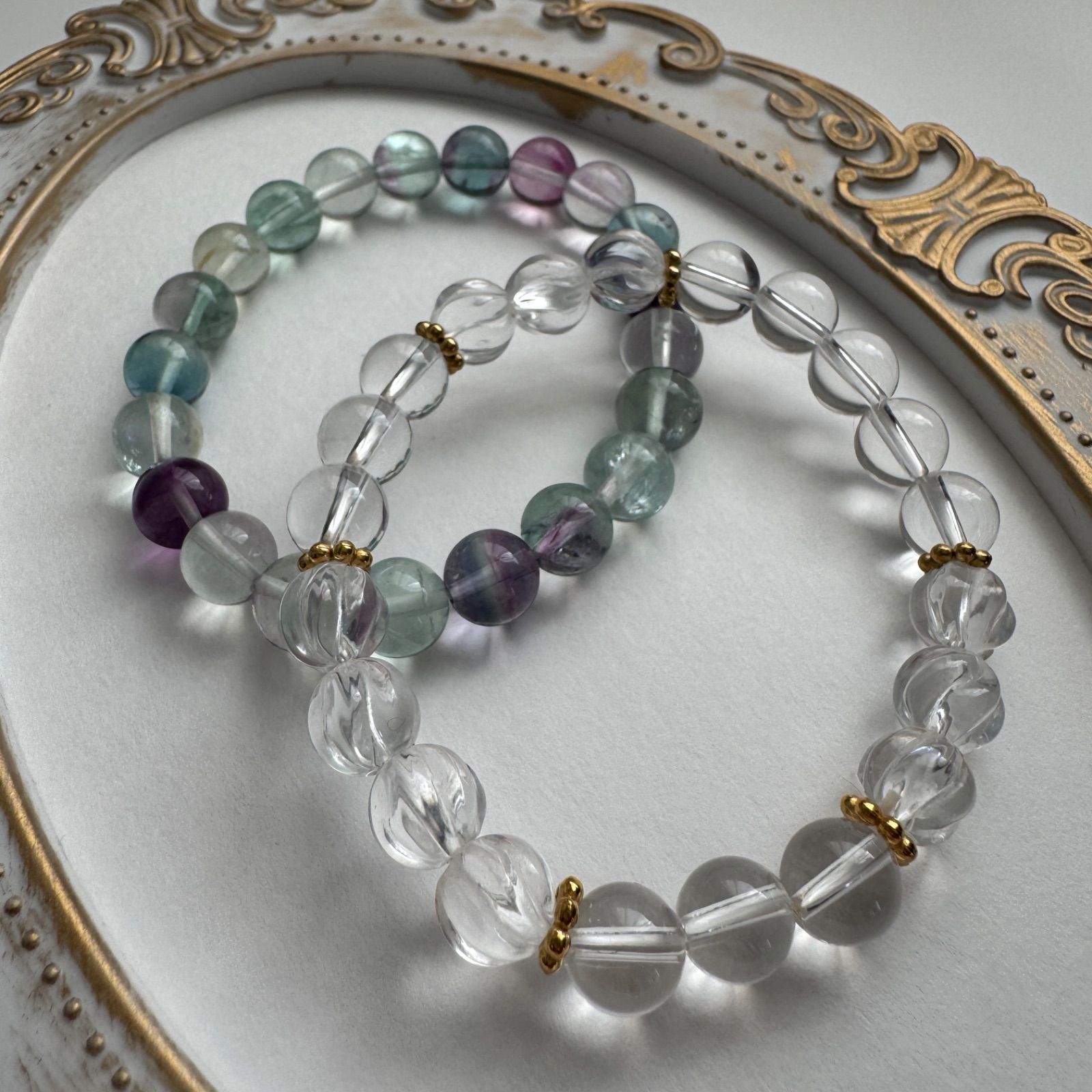 フローライト②＆水晶 天然石ブレスレット 2点set まとめ売り 