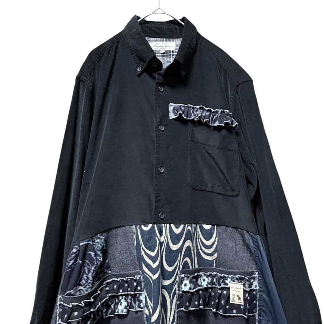 着物藍染×黒猫×デニム再構築｜着物リメイク ワンピース｜L～LL