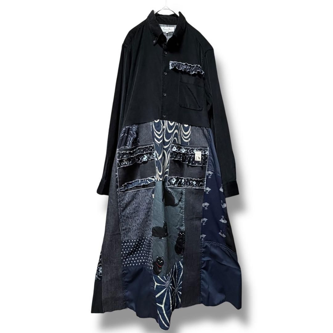 着物藍染×黒猫×デニム再構築｜着物リメイク ワンピース｜L～LL