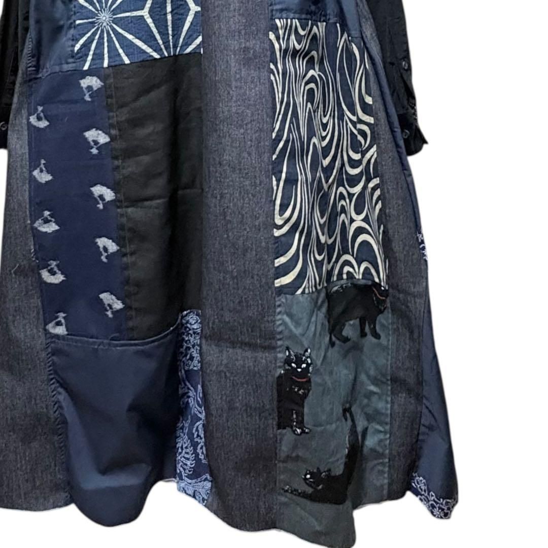 着物藍染×黒猫×デニム再構築｜着物リメイク ワンピース｜L～LL