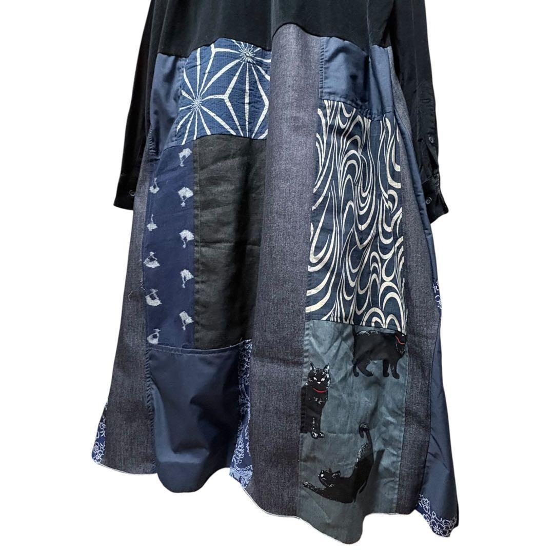 着物藍染×黒猫×デニム再構築｜着物リメイク ワンピース｜L～LL