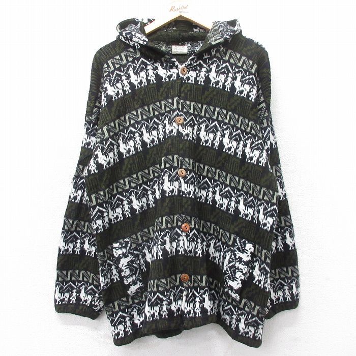 XL/古着 長袖 ニット カーディガン パーカー メンズ ラマ ウール エクアドル製 黒他 26jan06
