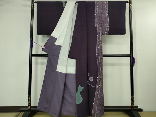 平和屋着物○極上 訪問着 紬地 絞り 猫 ネコ 毛糸 葡萄色地 逸品