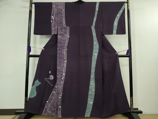 平和屋着物●極上　訪問着　紬地　絞り　猫　ネコ　毛糸　葡萄色地　逸品　DZAB4652kh6 平和屋着物○極上 訪問着 紬地 絞り 猫 ネコ 毛糸 葡萄色地 逸品