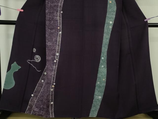 平和屋着物●極上　訪問着　紬地　絞り　猫　ネコ　毛糸　葡萄色地　逸品　DZAB4652kh6 平和屋着物○極上 訪問着 紬地 絞り 猫 ネコ 毛糸 葡萄色地 逸品