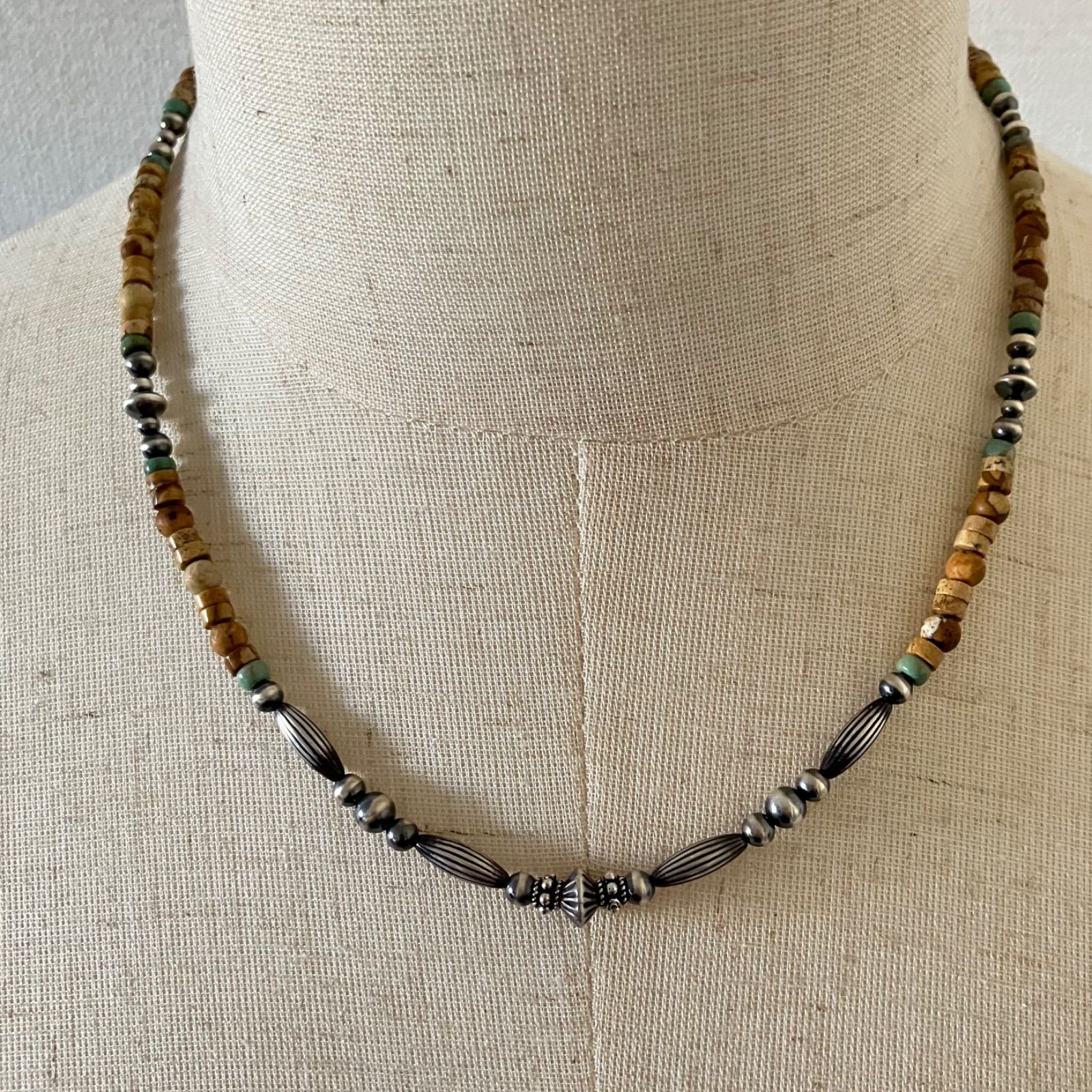 silver925ナバホパール×ジャスパー×ターコイズのネックレス48cm r