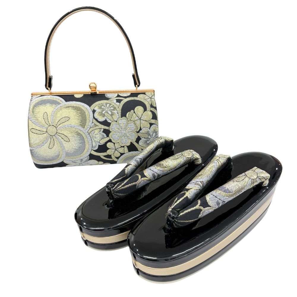 草履バッグセット 振袖用 成人式 帯地 (黒 金銀ねじり梅)FK25☆ F