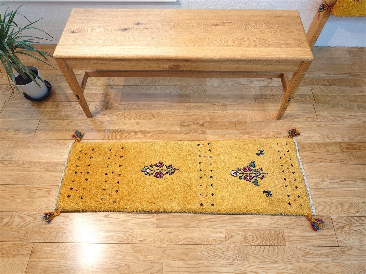 ペルシャ ギャッベ ミニランナー 細長いラグ 118x40cm 黄色 花 RJ15213