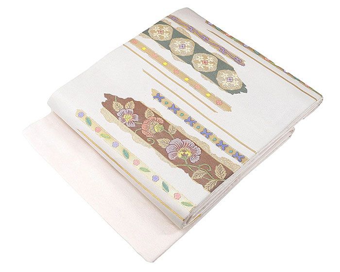 名古屋帯 未使用 合繊 横段 唐花 未着用 新古品 九寸 カジュアル 着物