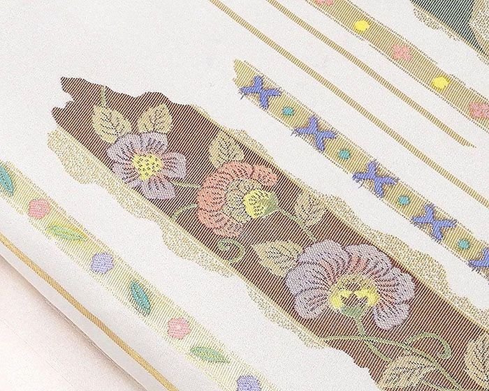 名古屋帯 未使用 合繊 横段 唐花 未着用 新古品 九寸 カジュアル 着物