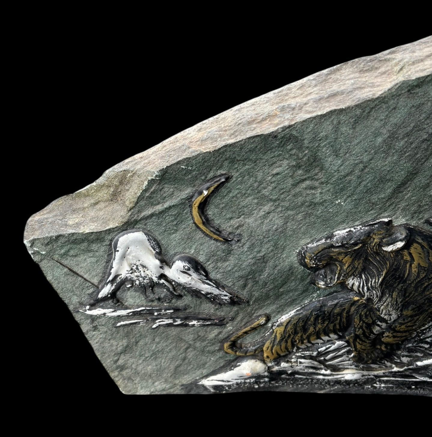 石彫刻 山月竹虎図 石板 レリーフ 石彫り 置物 石 縁起物 インテリア