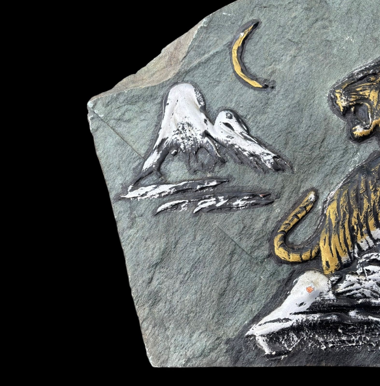 石彫刻 山月竹虎図 石板 レリーフ 石彫り 置物 石 縁起物 インテリア